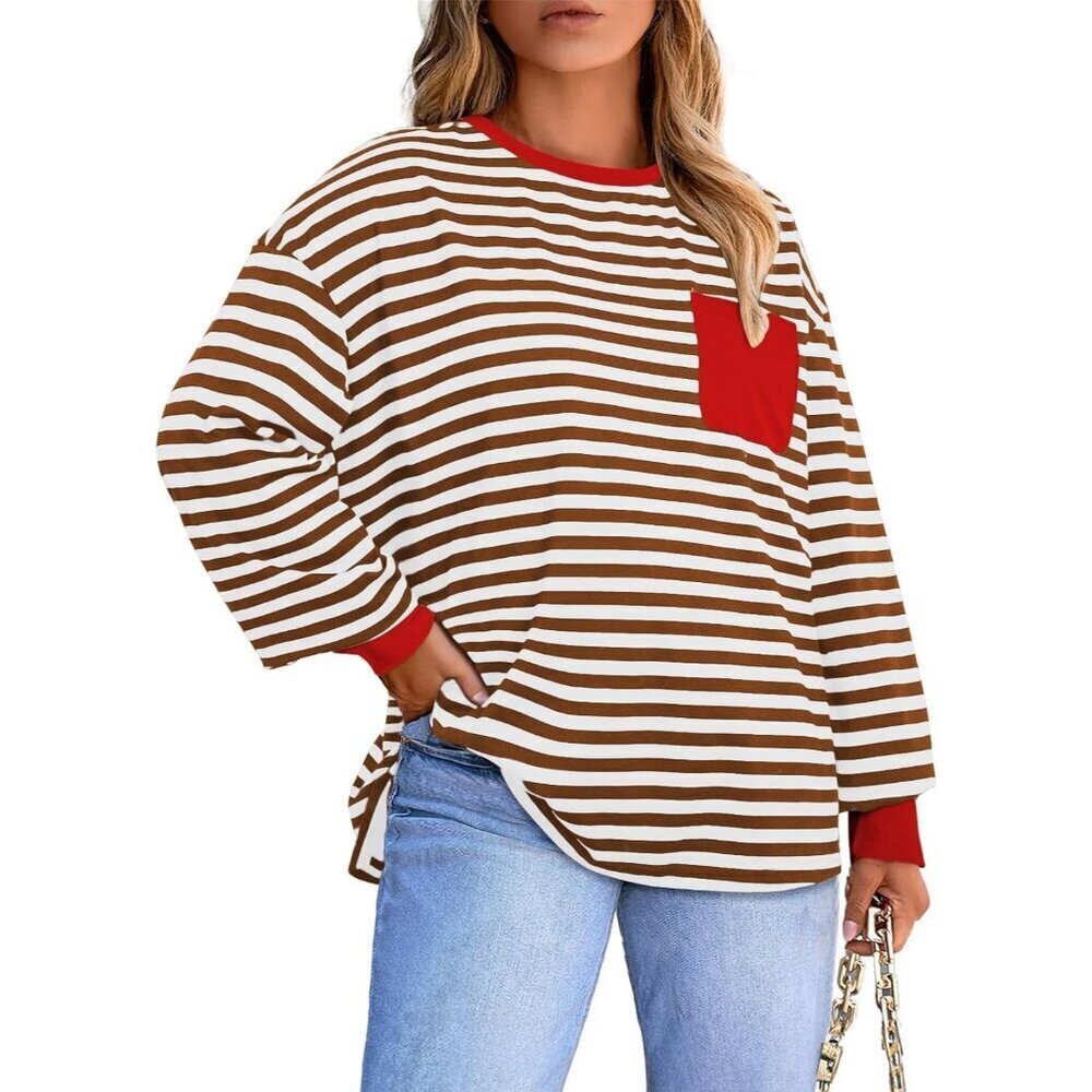 Plus Size Women Tops Crewneck Long Sleeve Striped Casual Tee with Pocket